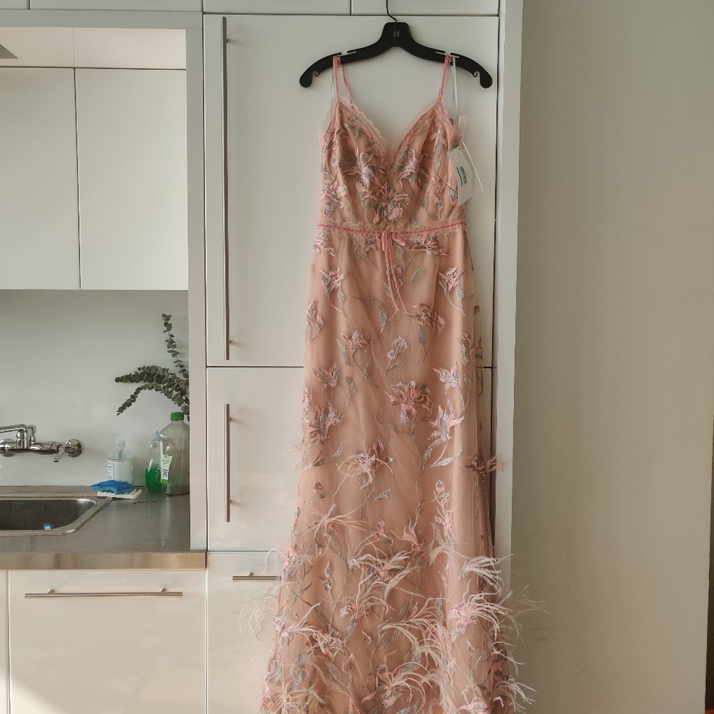 Marchesa notte blush feather dress